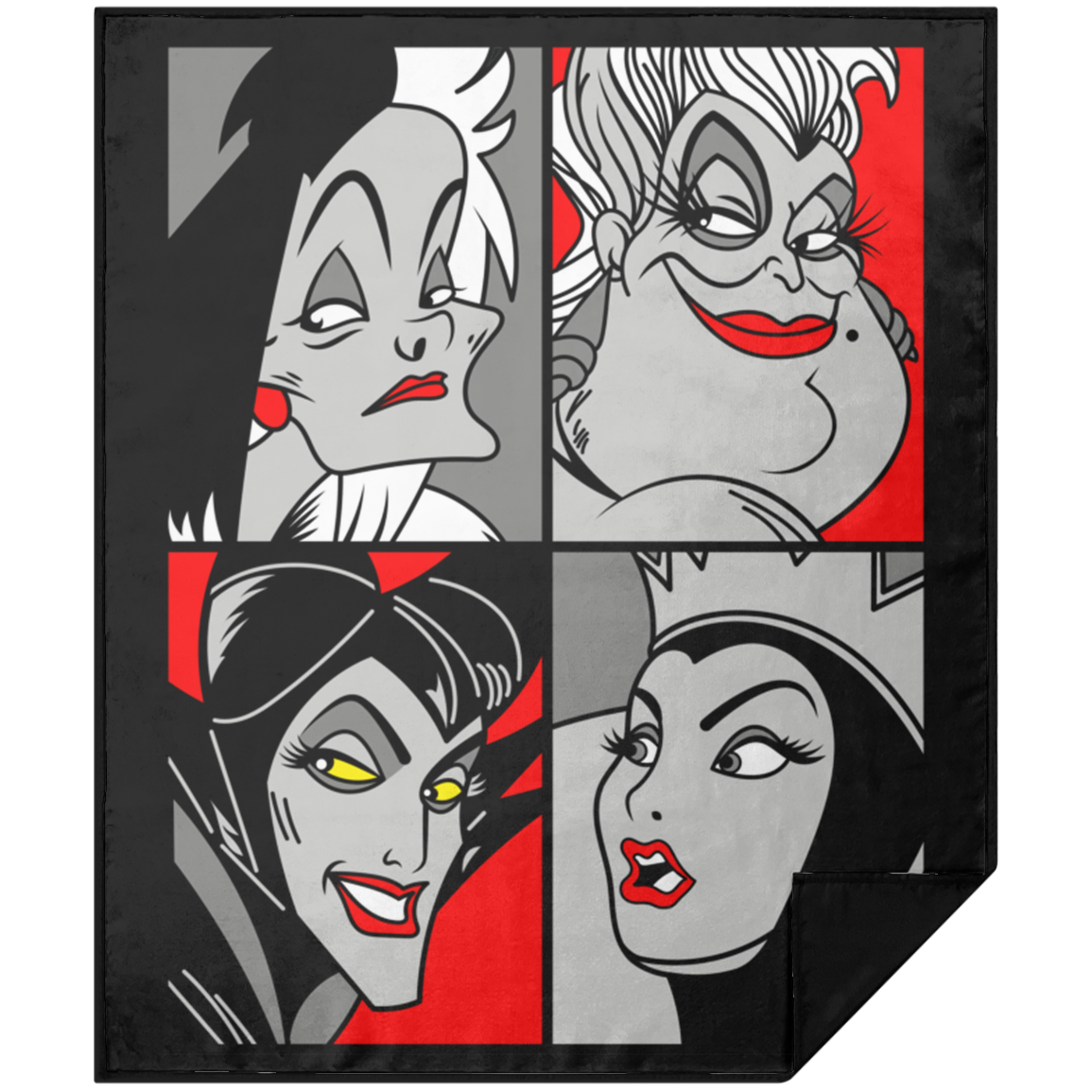 “Queen of the Mean” pop‑art style grayscale and red accent print featuring Cruella de Vil, Ursula, Maleficent, and the Evil Queen.
