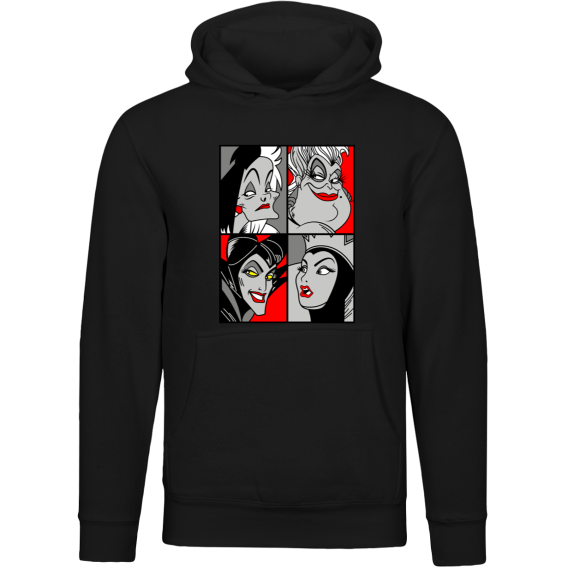 “Queen of the Mean” pop‑art style grayscale and red accent print featuring Cruella de Vil, Ursula, Maleficent, and the Evil Queen.