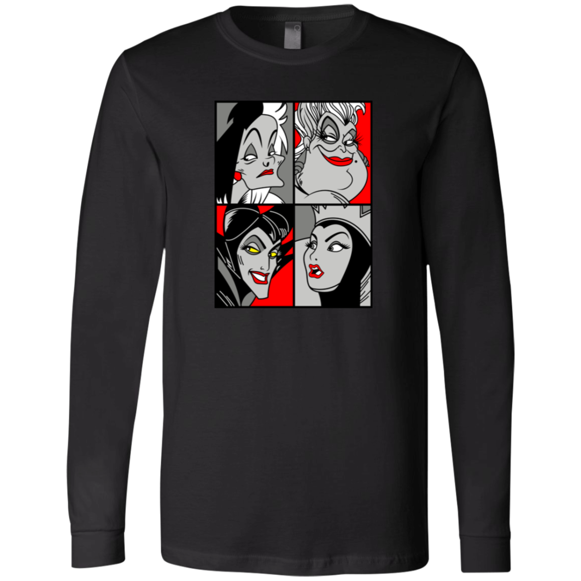“Queen of the Mean” pop‑art style grayscale and red accent print featuring Cruella de Vil, Ursula, Maleficent, and the Evil Queen.