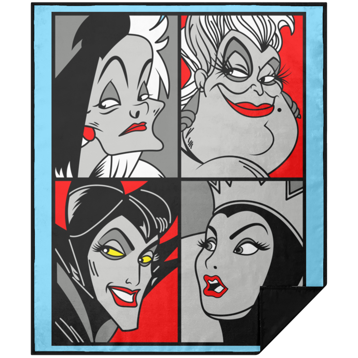 “Queen of the Mean” pop‑art style grayscale and red accent print featuring Cruella de Vil, Ursula, Maleficent, and the Evil Queen.