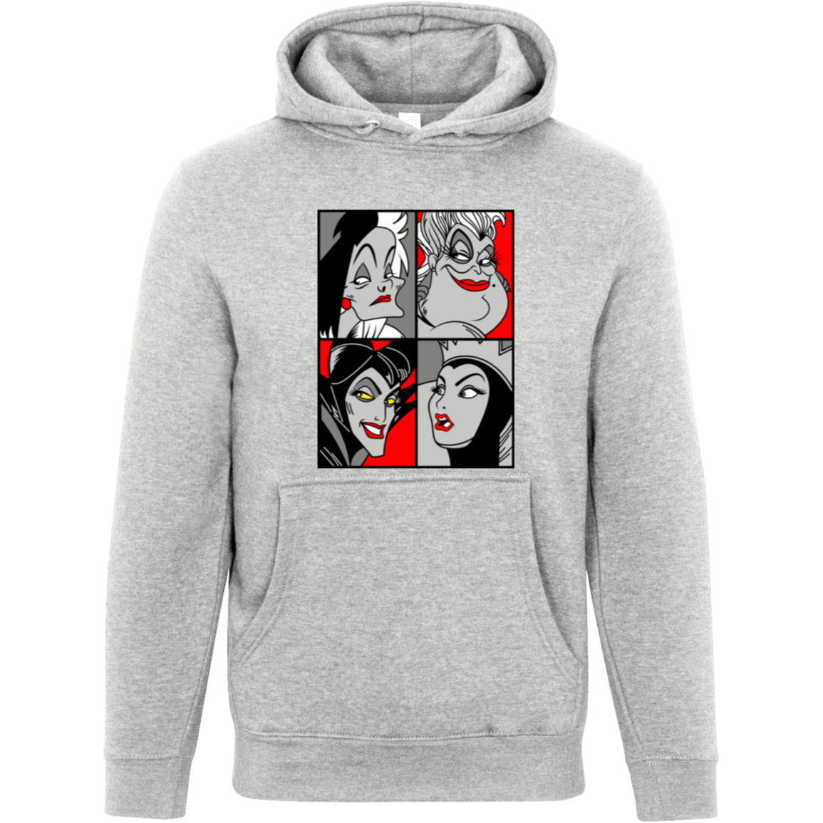 “Queen of the Mean” pop‑art style grayscale and red accent print featuring Cruella de Vil, Ursula, Maleficent, and the Evil Queen.