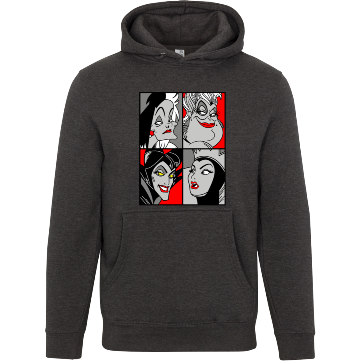 “Queen of the Mean” pop‑art style grayscale and red accent print featuring Cruella de Vil, Ursula, Maleficent, and the Evil Queen.