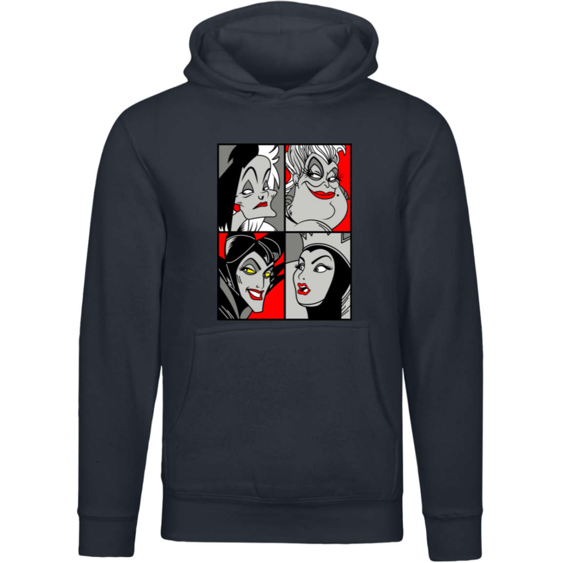 “Queen of the Mean” pop‑art style grayscale and red accent print featuring Cruella de Vil, Ursula, Maleficent, and the Evil Queen.