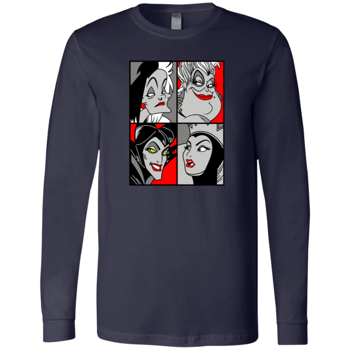 “Queen of the Mean” pop‑art style grayscale and red accent print featuring Cruella de Vil, Ursula, Maleficent, and the Evil Queen.