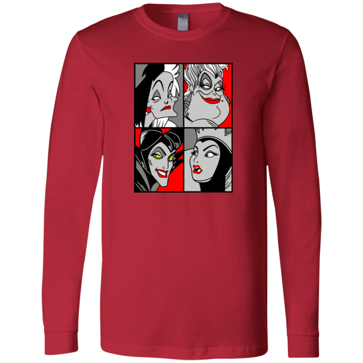 “Queen of the Mean” pop‑art style grayscale and red accent print featuring Cruella de Vil, Ursula, Maleficent, and the Evil Queen.
