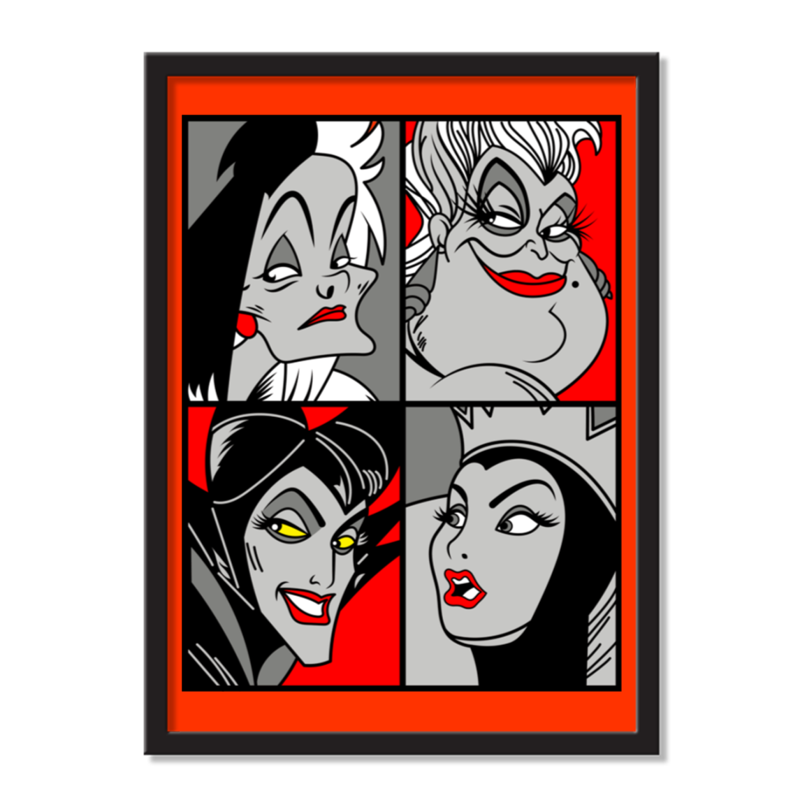 “Queen of the Mean” pop‑art style grayscale and red accent print featuring Cruella de Vil, Ursula, Maleficent, and the Evil Queen.