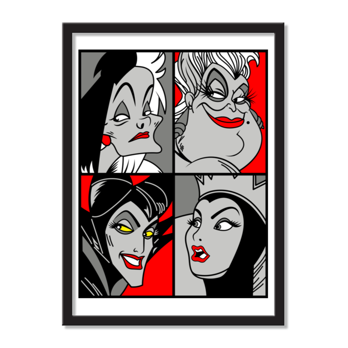 “Queen of the Mean” pop‑art style grayscale and red accent print featuring Cruella de Vil, Ursula, Maleficent, and the Evil Queen.