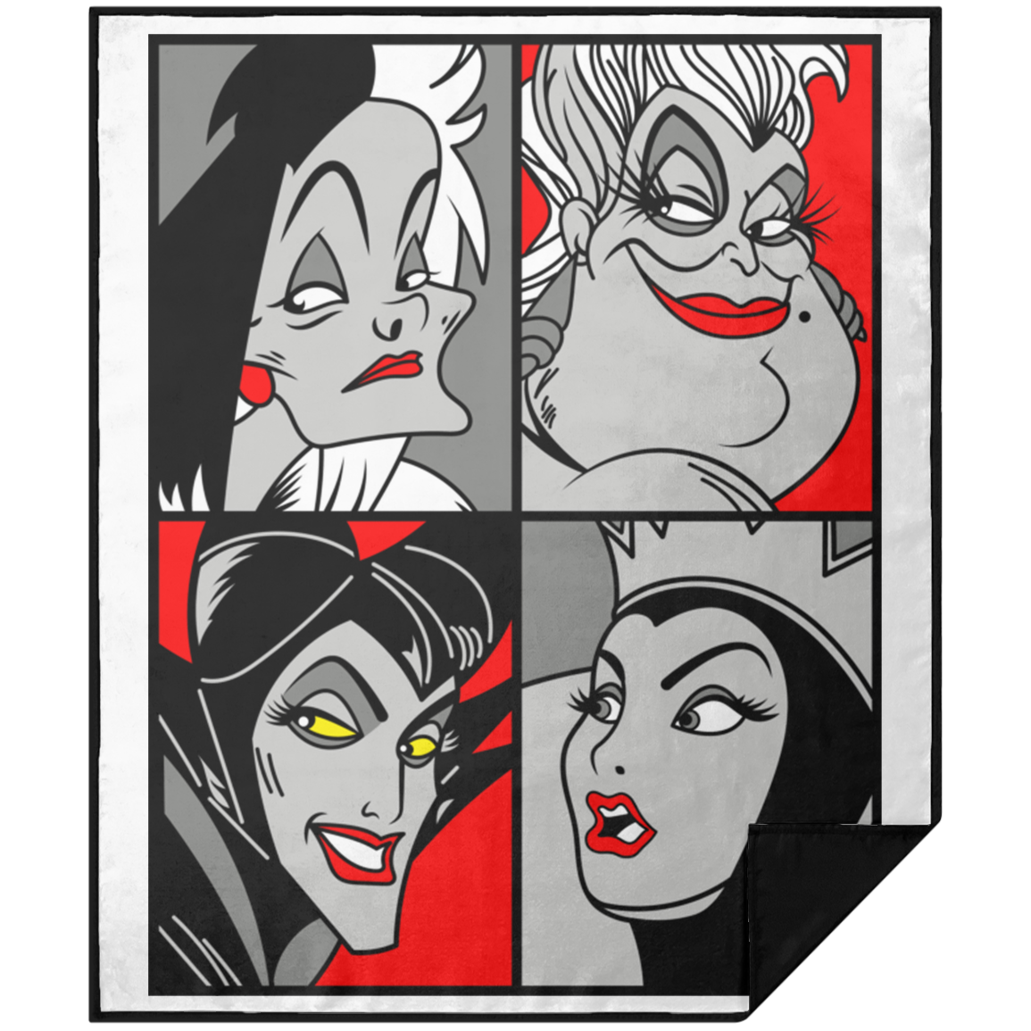 “Queen of the Mean” pop‑art style grayscale and red accent print featuring Cruella de Vil, Ursula, Maleficent, and the Evil Queen.
