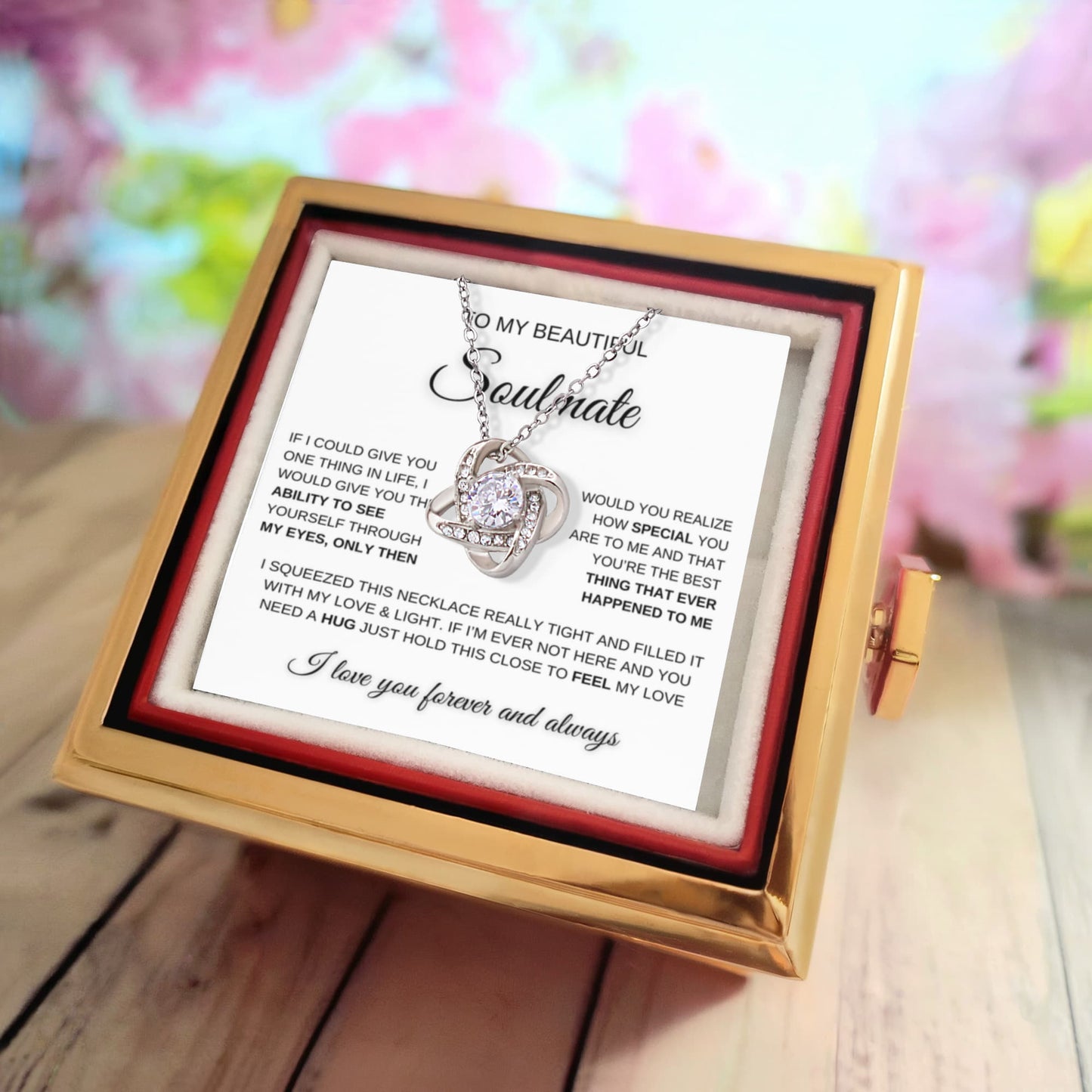 To My Beautiful Soulmate - Love Knot Necklace with Rotating Rose Gift Box