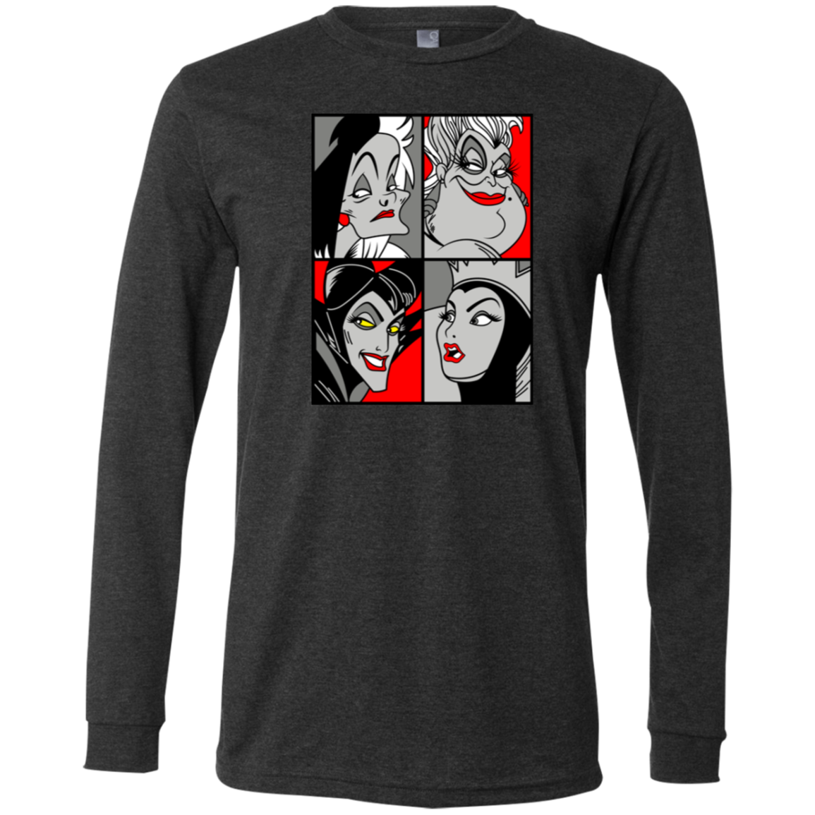 “Queen of the Mean” pop‑art style grayscale and red accent print featuring Cruella de Vil, Ursula, Maleficent, and the Evil Queen.
