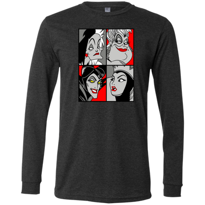 “Queen of the Mean” pop‑art style grayscale and red accent print featuring Cruella de Vil, Ursula, Maleficent, and the Evil Queen.
