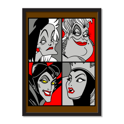 “Queen of the Mean” pop‑art style grayscale and red accent print featuring Cruella de Vil, Ursula, Maleficent, and the Evil Queen.
