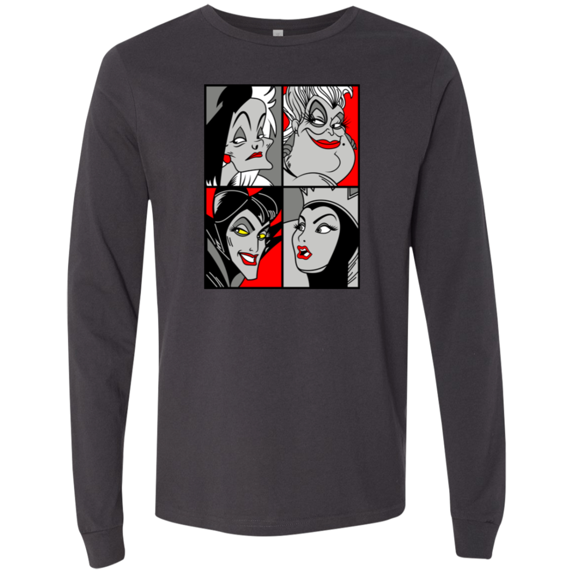 “Queen of the Mean” pop‑art style grayscale and red accent print featuring Cruella de Vil, Ursula, Maleficent, and the Evil Queen.
