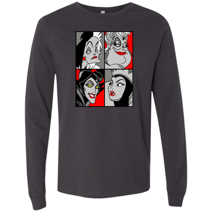 “Queen of the Mean” pop‑art style grayscale and red accent print featuring Cruella de Vil, Ursula, Maleficent, and the Evil Queen.
