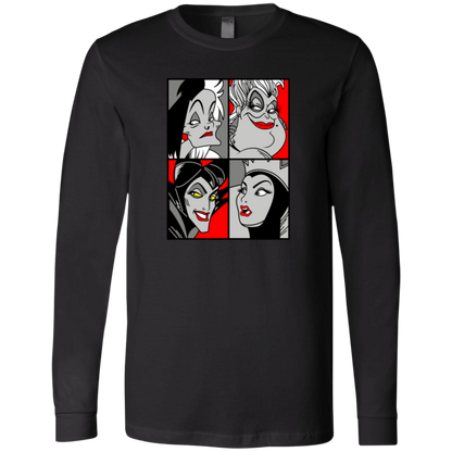 “Queen of the Mean” pop‑art style grayscale and red accent print featuring Cruella de Vil, Ursula, Maleficent, and the Evil Queen.
