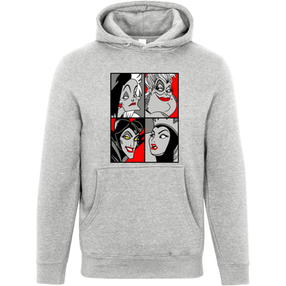 “Queen of the Mean” pop‑art style grayscale and red accent print featuring Cruella de Vil, Ursula, Maleficent, and the Evil Queen.
