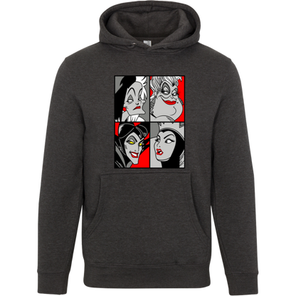 “Queen of the Mean” pop‑art style grayscale and red accent print featuring Cruella de Vil, Ursula, Maleficent, and the Evil Queen.

