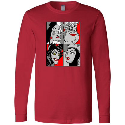 “Queen of the Mean” pop‑art style grayscale and red accent print featuring Cruella de Vil, Ursula, Maleficent, and the Evil Queen.
