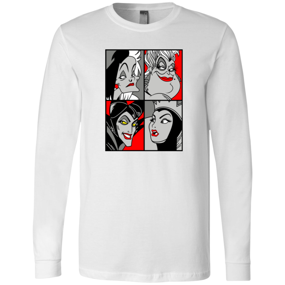 “Queen of the Mean” pop‑art style grayscale and red accent print featuring Cruella de Vil, Ursula, Maleficent, and the Evil Queen.
