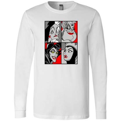 “Queen of the Mean” pop‑art style grayscale and red accent print featuring Cruella de Vil, Ursula, Maleficent, and the Evil Queen.
