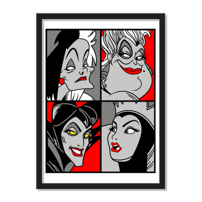 “Queen of the Mean” pop‑art style grayscale and red accent print featuring Cruella de Vil, Ursula, Maleficent, and the Evil Queen.
